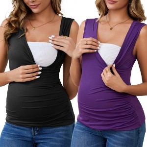 INSPIRE CHIC Women's 2 Pcs Crossover Ruched Maternity Sleeveless Basic Shirt Tank Nursing Tops - 1 of 4