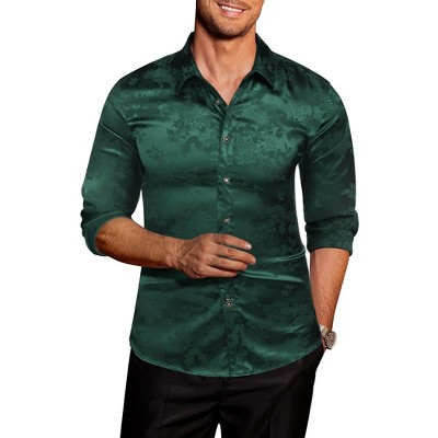 COOFANDY Men's Silk Satin Jacquard Long Sleeve Floral Button Up Shirts