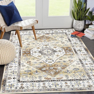Vintage Floral Area Rug Washable Non-Slip, Oriental Low Pile Accent Carpet for Living Room Bedroom Office, Distressed Medallion Design