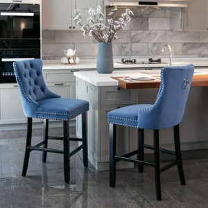 CAVINAS Set of 2 Velvet Upholstered Bar Stools with High Back, Solid Wood Legs, Button Tufted Decoration & Chrome Nailhead Trim - 1 of 4