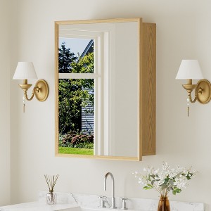 Bathroom Wall Cabinet with Mirror,Oak Wooden Storage Cabinet with Adjustable Shelves for Bathroom Organization - 1 of 4