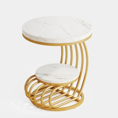 Gold and White Faux Marble Round End Table with Storage Shelf
