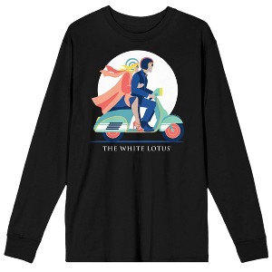 White Lotus Couple Riding Scooter Vector Art Crew Neck Long Sleeve Black Adult Tee - 1 of 3