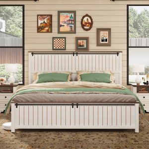 AMERLIFE Farmhouse Bed Frame with 47" Tall Headboard and Sliding Barn Doors - 1 of 3
