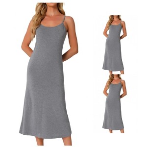 INSPIRE CHIC Women's 2 Pcs Nightgown Sleeveless Spaghetti Strap Midi Cami Camisole Full Slip Under Dress - 1 of 4