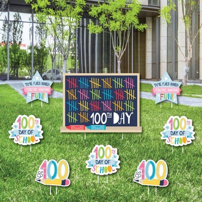 Big Dot of Happiness Happy 100th Day of School - Yard Sign and Outdoor Lawn Decorations - 100 Days Party Yard Signs - Set of 8