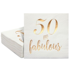 Blue Panda 50 Pack White 50th Birthday Napkins - 5x5 Inches Folded, 3-Ply with Gold Lettering, 50 and Fabulous Napkins for Women - 1 of 4