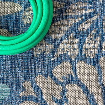 Navy and Aqua Floral Synthetic Square Indoor/Outdoor Rug