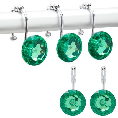 Okuna Outpost Set of 12 Green Acrylic Diamond Shower Curtain Hangers Hooks, Decorative Fancy Bling Stainless Steel Bathroom Décor