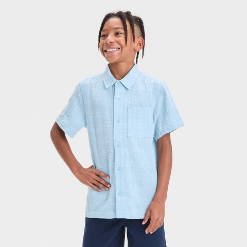 Cat & Jack Boys' Short Sleeve Solid Seersucker Button-Down Shirt - Cat & Jack™ Light Blue XS: Cotton Rayon Blend, Front Pocket, Machine Washable