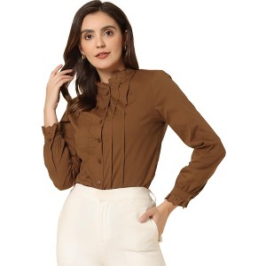 INSPIRE CHIC Women's Mock Neck Ruffle Work Office Cotton Pleated Button Up Shirt - 1 of 4