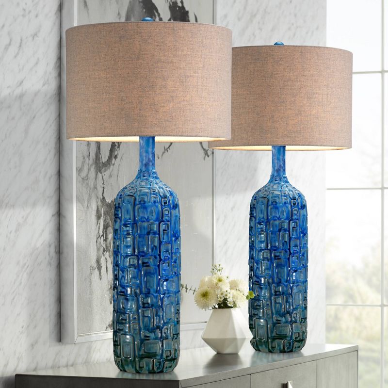 Possini Euro Design 36" Tall Large Mid Century Modern Farmhouse Rustic End Table Lamps Set of 2 Teal Blue Ceramic Living Room Bedroom Tan Shade, 2 of 9