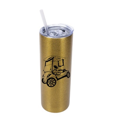 Elanze Designs Rolling Golf Cart 20 Ounce Double-Walled Stainless Steel Insulated Slim Travel Tumbler with Lid and Straw, Vegas Gold