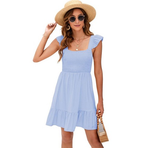 Whizmax Women s Summer Sleeveless Cute Sundress Dress Casual Smocked Ruffle Tie Back Flowy Short Mini Dresses Blue L Target