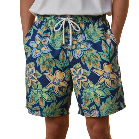 Burnside Men's Navy Floral 6" inseam Bathing Suit | Navy/Green Large