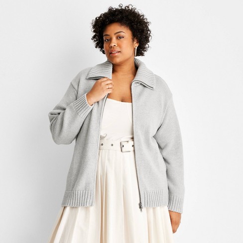 Women's Long Sleeve Solid Zip-up Collared Cardigan - Future Collective™  With Reese Blutstein Heathered Gray 2x : Target