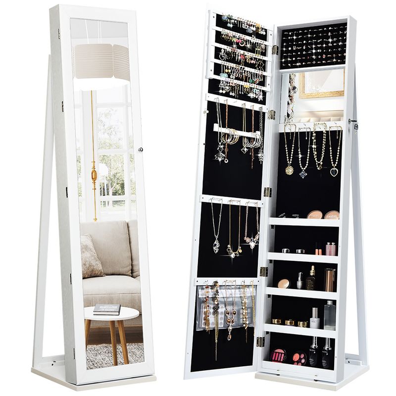 Costway Mirrored Jewelry Cabinet Lockable Standing Storage Organizer W/ Shelf, 1 of 11