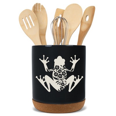 Elanze Designs Floral Frog Flowers Arrangement Toad Ceramic Cork Bottom Black Large Capacity Utensil Holder Crock for Countertop Storage, Stylish &