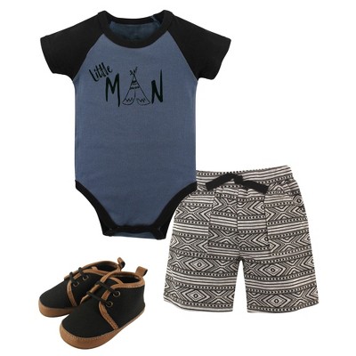 Yoga Sprout Baby Boy Cotton Layette and Shoe 3pc Set, Little Man