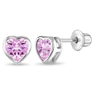 Girl's Bezel CZ Heart Screw Back Sterling Silver Earrings - In Season Jewelry - 1 of 4