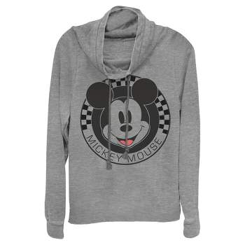 Juniors Womens Mickey & Friends Checkered Mickey Mouse Portrait Cowl Neck Sweatshirt