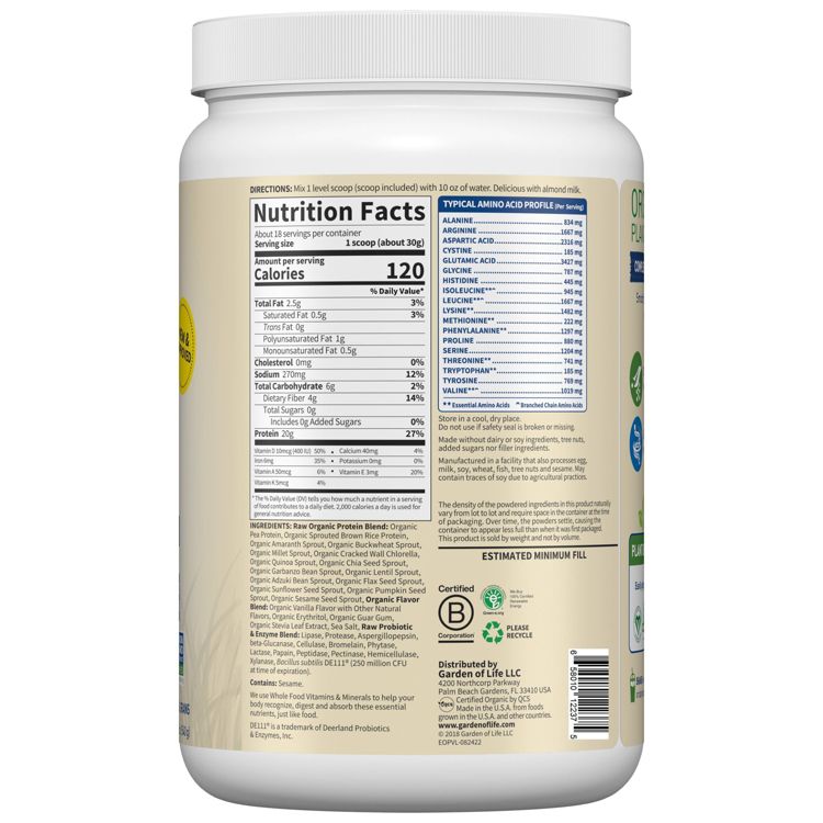Garden of Life Organic Vegan Protein Plant Based Powder - Vanilla - 19.05oz, 2 of 6