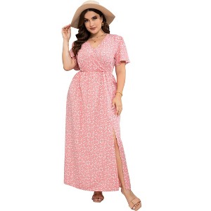 Clearlove Women's Plus Size Floral Wrap Dress Casual Boho Printed V Neck Short Sleeve Ruffle Flowy Dresses - 1 of 4