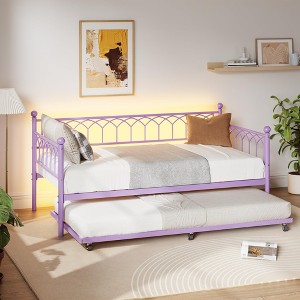 Twin Daybed with Trundle, Day Bed with Charging Station & LED Lights, Metal Sofa Bed Frame with Pull Out Trundle for Living Room, Bedroom, Apartment - 1 of 4