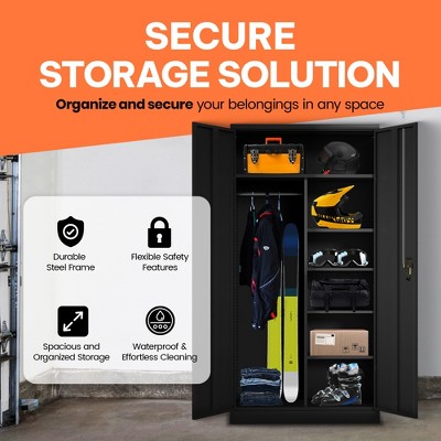 Black Metal Freestanding Wardrobe Cabinet with Adjustable Shelves and Lockable Doors