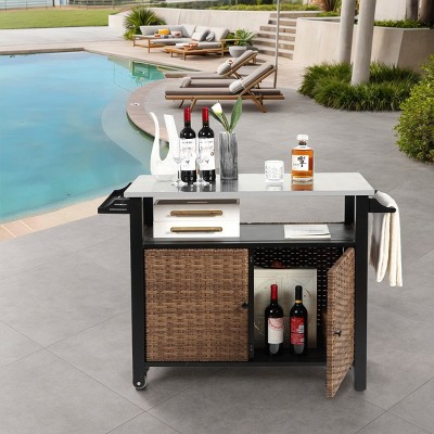 Outdoor Kitchen Wicker Storage Cabinet,Large Bar Cart With Wheels And Stainless Steel Tabletop For Patio Garden Dining Room-Coolbibila