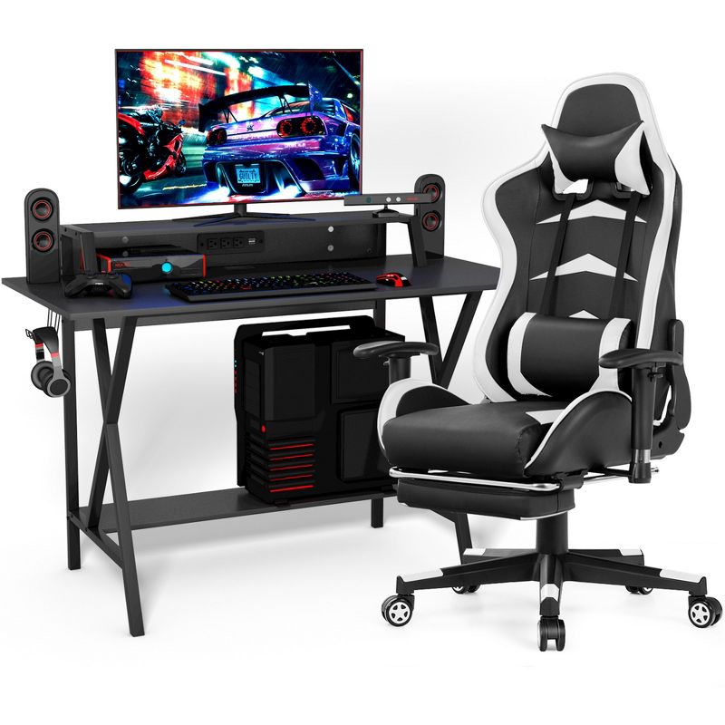 Costway Gaming Desk&Massage Gaming Chair Set w/ Footrest Monitor Shelf Power Strip White, 1 of 11