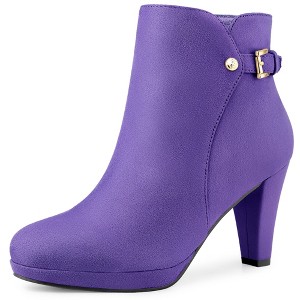 Allegra K Women's Platform Side Zippers Buckle Decor Chunky Heel Ankle Boots - 1 of 4
