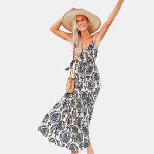 Cupshe Women's Floral Paisley Tie Back Vacation Maxi Dresses-M-Blue : Target