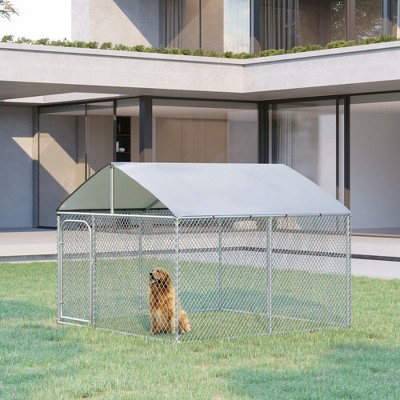 Silver Outdoor Metal Dog Kennel with Mesh Sidewalls and Cover