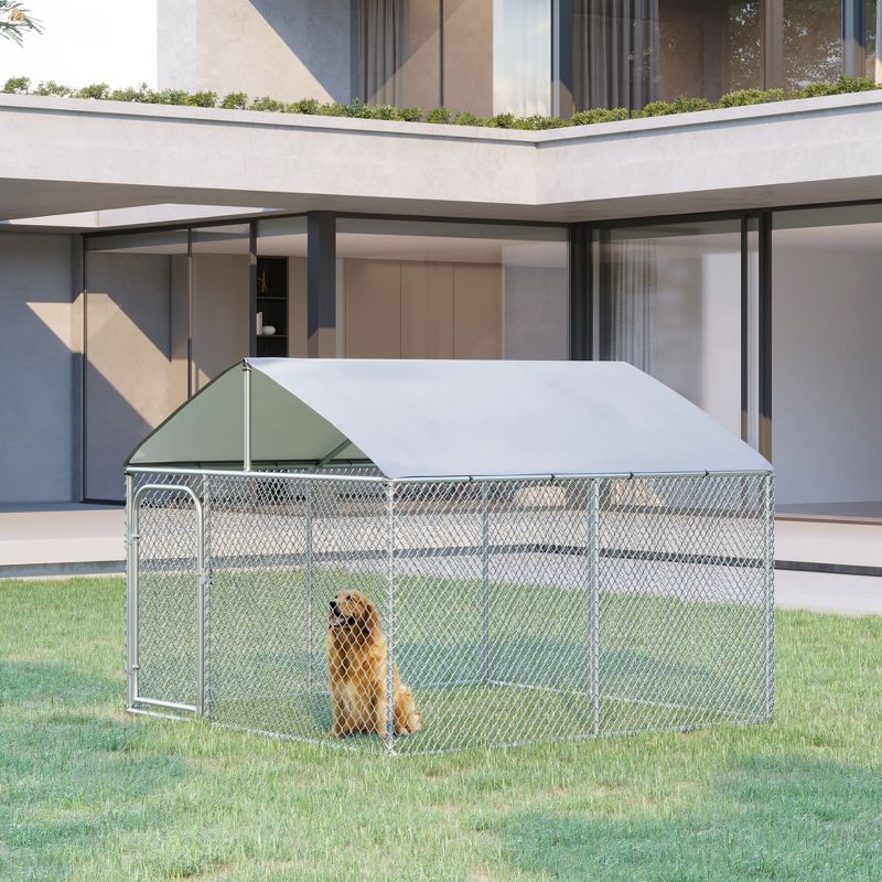 PawHut Outdoor Metal Dog Kennel, Pet Playpen with Steel Lock, Mesh Sidewalls and Cover for Backyard & Patio, 3 of 9
