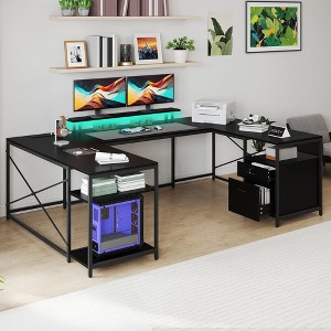 U Shaped Desk With Power Outlets & LED Lights Desk With Drawers Corner Computer Desk Office Desk With Monitor Stand & Storage Shelves Black - 1 of 4