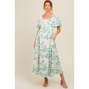 PinkBlush Teal Floral Puff Sleeve Maternity Midi Dress - 1 of 4