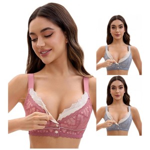 INSPIRE CHIC Front Closure for Women's Lace Full Coverage V Neck Wirefree Adjustable Straps Bras 3 Packs - 1 of 4