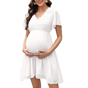 Summer Maternity V Neck Flutter Sleeve Ruffle Flowy Dress with Tiny Embroidered Highwaist Shirred Midi Dress - 1 of 4