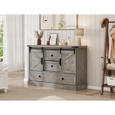 Garvee 59 Inch 4 Drawer Wood Dresser for Bedroom with Sliding Barn Doors Lacquered Engineered