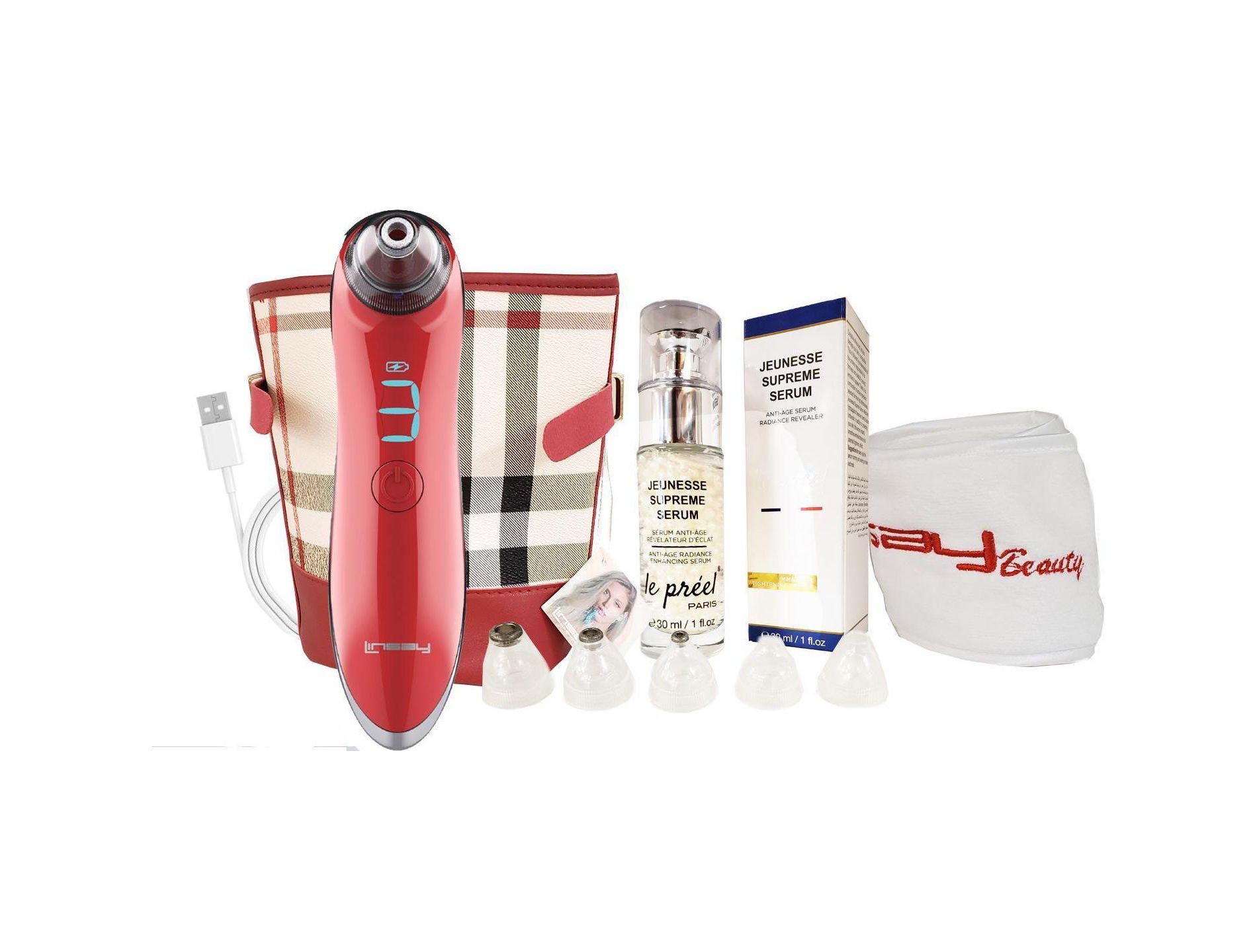 LINSAY Microdermabrasion and Pore Cleaner Device 5 in1 Super SPA Bundle with Potent Anti-aging Serum, USB Cable, Headband and Cosmetic Bag