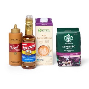 Starbucks 12oz Dark Roast Ground Coffee + Torani 12.7 fl oz Salted Caramel Syrup + Torani 16.5oz Caramel Sauce + Good & Gather™ 32 fl oz Oatmilk - 1 of 4