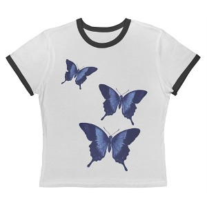 Rerun Island Women's Indigo Butterflies Short Sleeve Graphic Cotton Retro Vintage Ranger Baby Tee - White Caviar 2X - 1 of 4