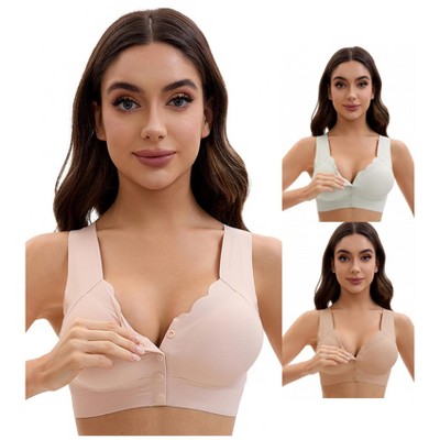 INSPIRE CHIC Women's Front Closure Full Coverage Bra Wirefree Wave Trim U Back Soft Bras 3 Packs