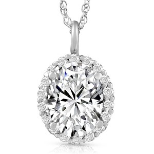Pompeii3 3 Ct Oval Moissanite & Lab Created Diamond Halo Pendant 14k Gold Necklace - 1 of 4