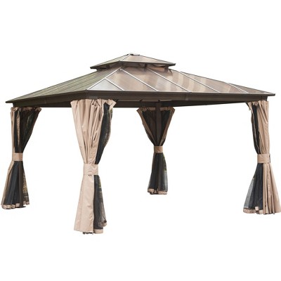 Gloweer Outdoor Hardtop Aluminum Gazebo Permanent with Polycarbonate Double Roof, with Curtain and Net