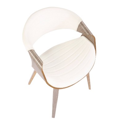 Light Grey Wood and White Faux Leather Mid-Century Arm Chair