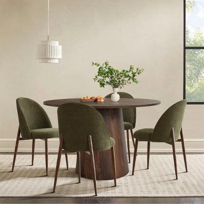 Modern Round Dining Set with Walnut Finish, 46" Pedestal Table and 4 Comfortable Curved Back Upholstered Chairs-Maison Boucle