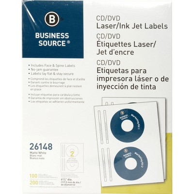 Business Source CD/DVD Labels Laser/Inkjet 100/PK White 26148