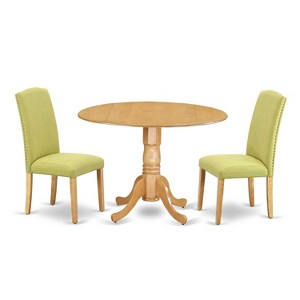 Round Kitchen Table Set - 42 Inch Table w/ Drop Leaves & 2 Parsons Chairs - Linen Fabric, Oak Legs - 1 of 4